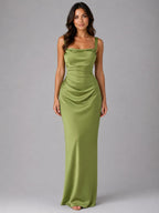 Nora | Women's Satin Maxi Dress with Ruched Waist, Sculpted Evening Dress | Animated Apparel | Green