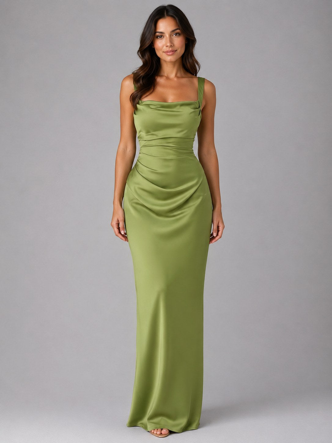 Nora | Women's Satin Maxi Dress with Ruched Waist, Sculpted Evening Dress | Animated Apparel | Green