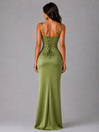 Nora | Women's Satin Maxi Dress with Ruched Waist, Sculpted Evening Dress | Animated Apparel | Navy