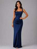 Nora | Women's Satin Maxi Dress with Ruched Waist, Sculpted Evening Dress | Animated Apparel