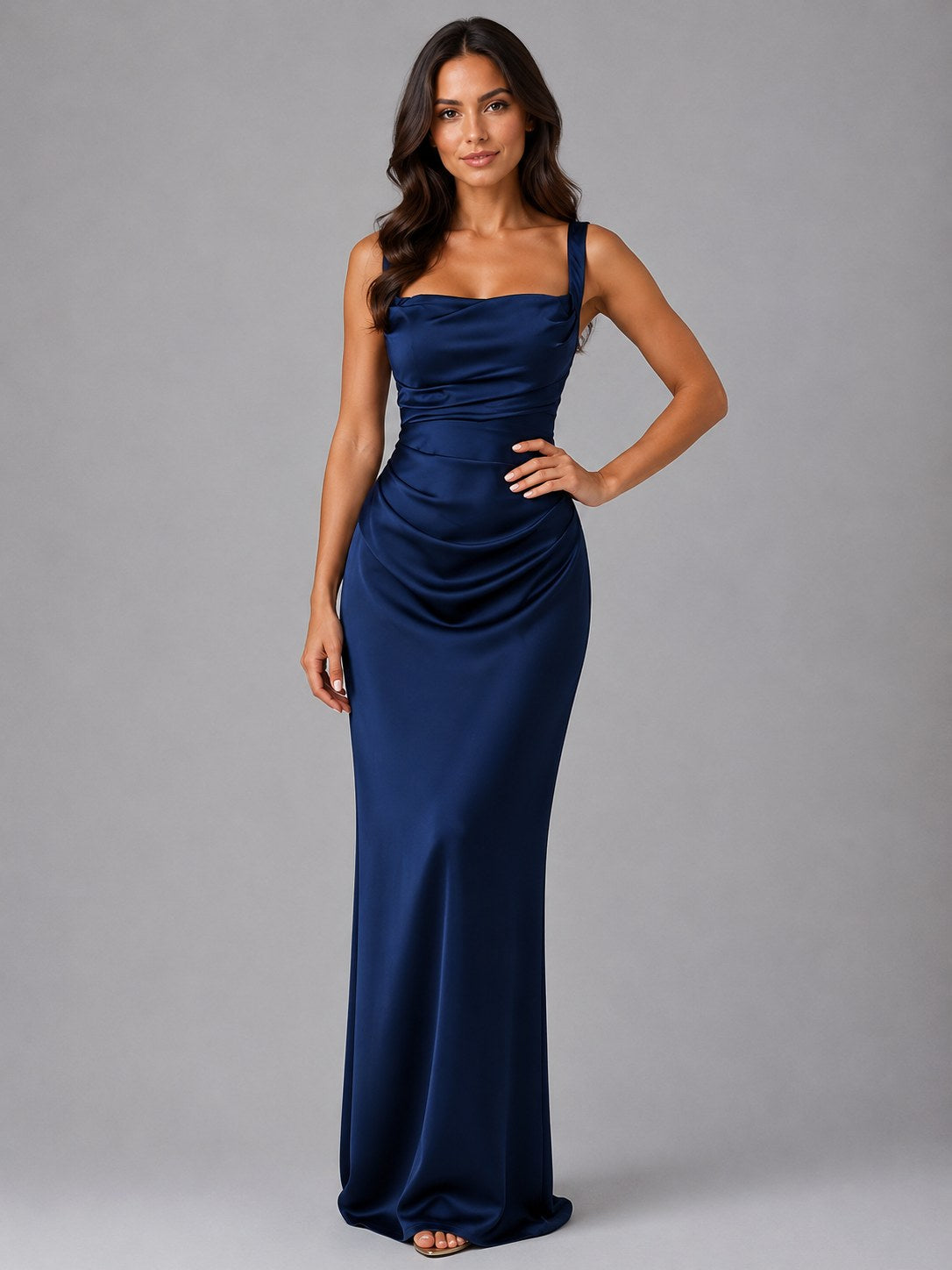 Nora | Women's Satin Maxi Dress with Ruched Waist, Sculpted Evening Dress | Animated Apparel