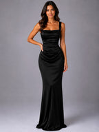 Nora | Women's Satin Maxi Dress with Ruched Waist, Sculpted Evening Dress | Animated Apparel
