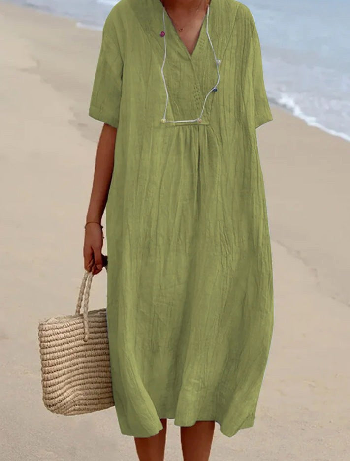 Nora | Women's V-Neck A-Line Midi Dress - Geelgroen