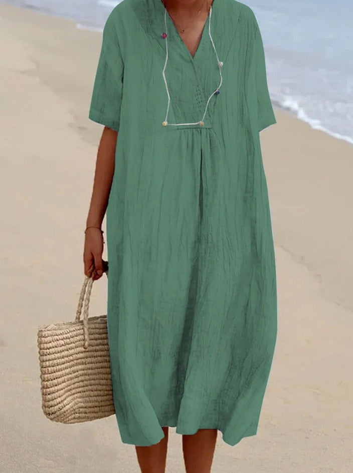 Nora | Women's V-Neck A-Line Midi Dress - Groen