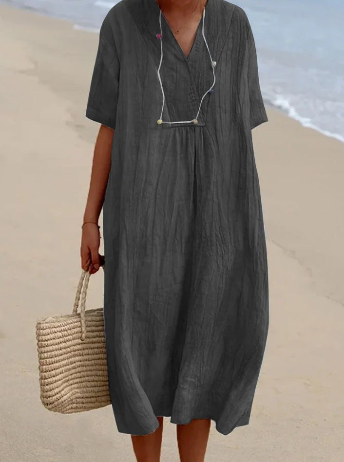 Nora | Women's V-Neck A-Line Midi Dress - Grijs