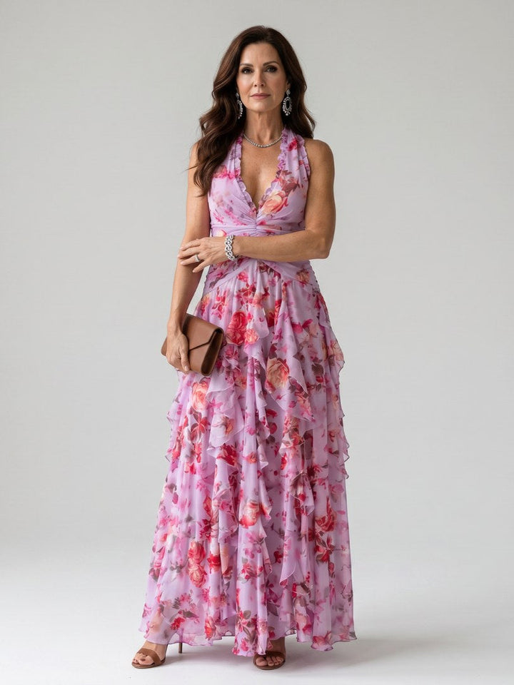 Nori | Halter Neck Ruched Bodice Floral Maxi Dress - Pink