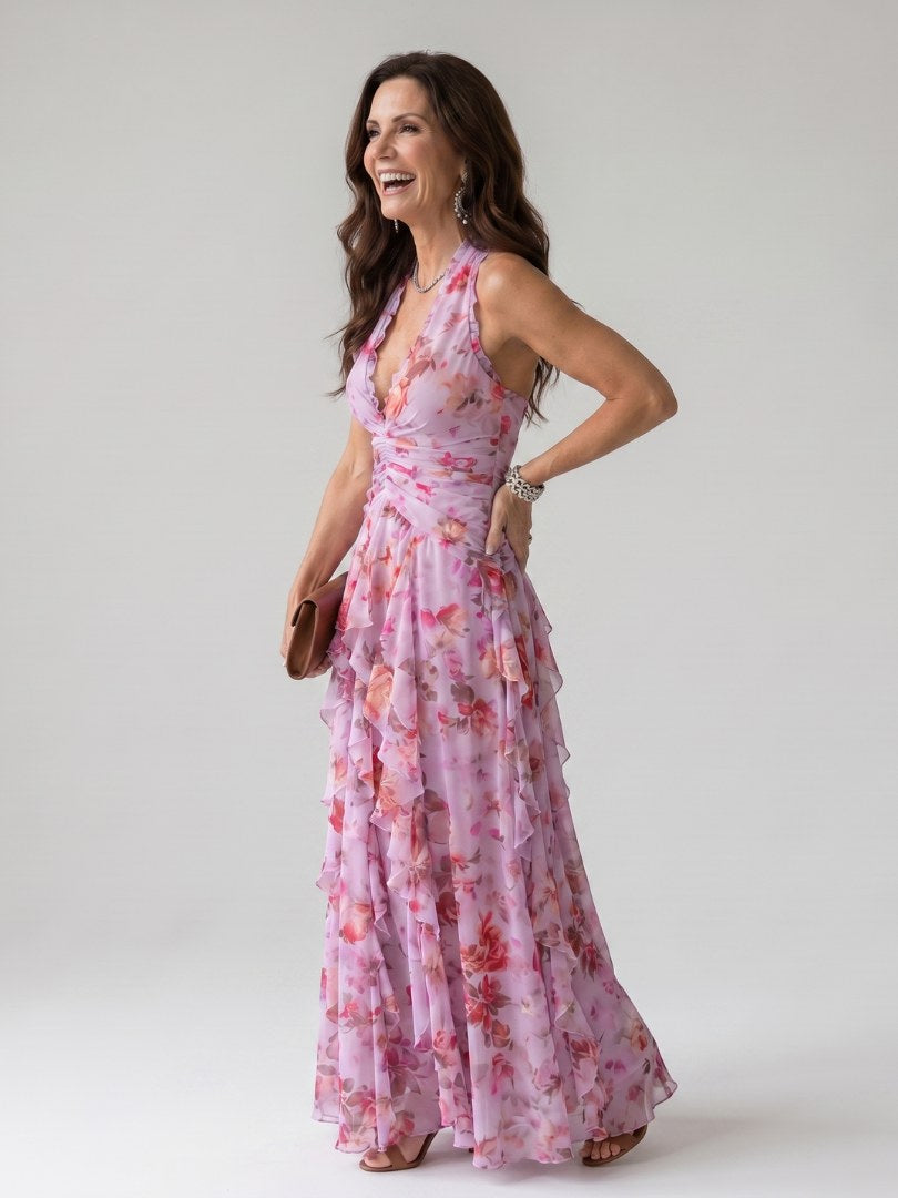 Nori | Halter Neck Ruched Bodice Floral Maxi Dress - Blue