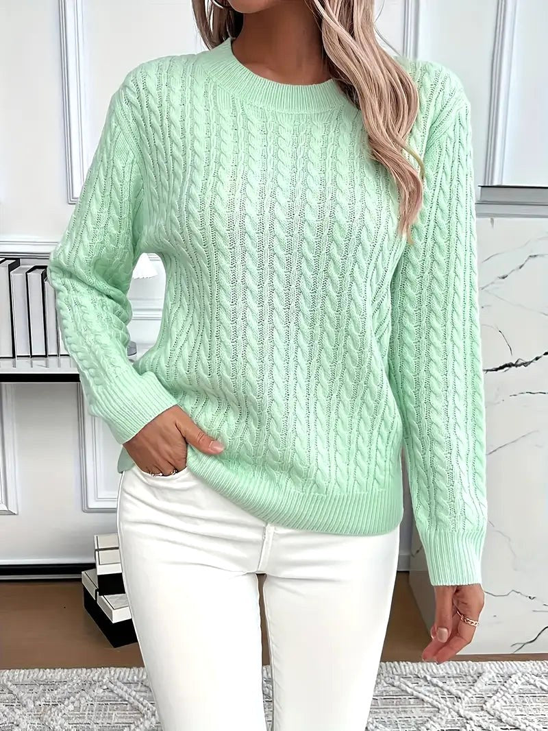 Odile | Women's Long Sleeve Cable Knit Jumper, Textured Autumn Sweater | Animated Apparel | Light Green