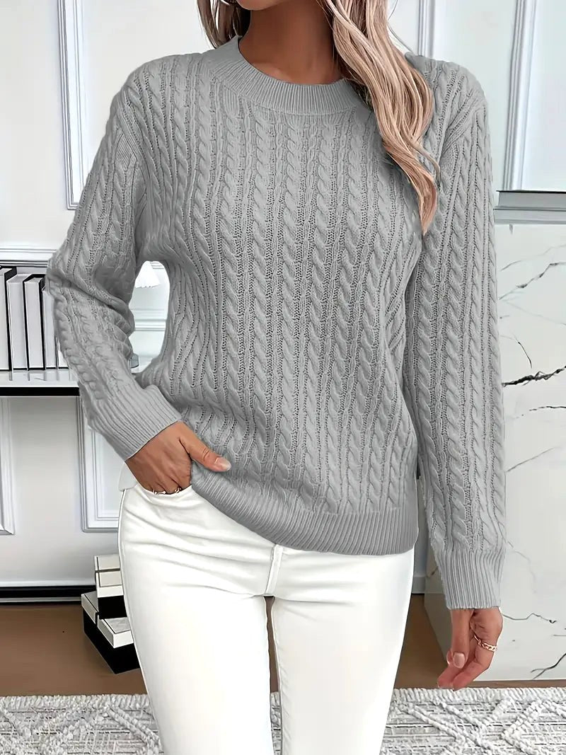 Odile | Women's Long Sleeve Cable Knit Jumper, Textured Autumn Sweater | Animated Apparel | Grey