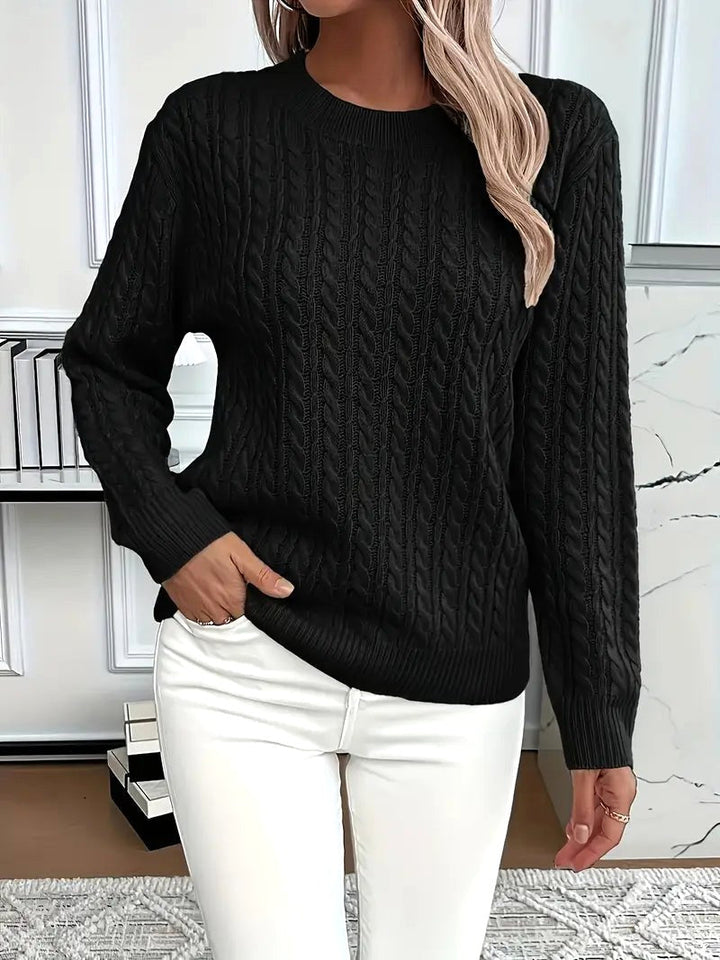 Odile | Women's Long Sleeve Cable Knit Jumper, Textured Autumn Sweater | Animated Apparel | Black