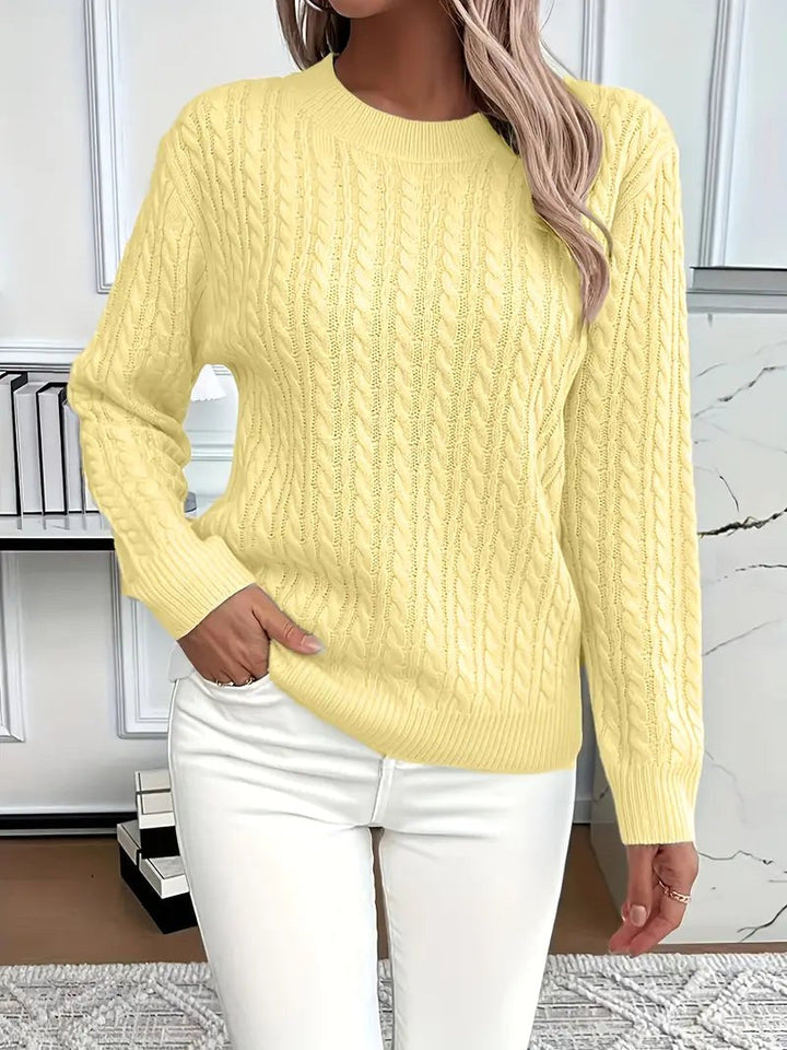 Odile | Women's Long Sleeve Cable Knit Jumper, Textured Autumn Sweater | Animated Apparel | Yellow