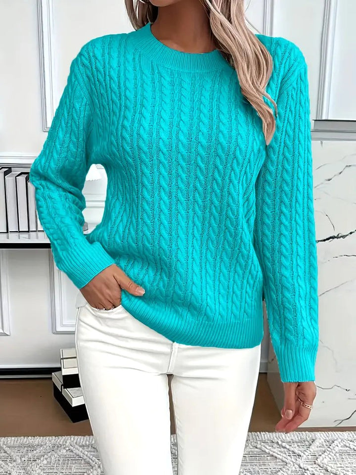 Odile | Women's Long Sleeve Cable Knit Jumper, Textured Autumn Sweater | Animated Apparel | Peacock Blue
