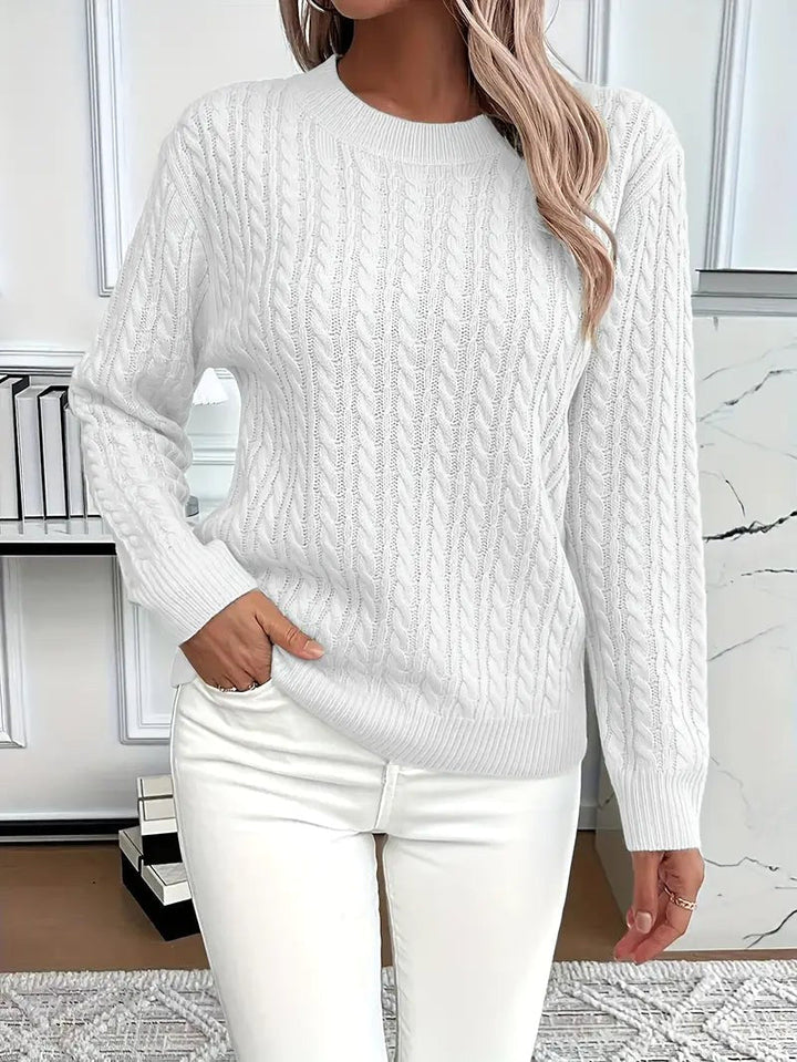 Odile | Women's Long Sleeve Cable Knit Jumper, Textured Autumn Sweater | Animated Apparel | White