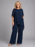 Olive | Women's Chiffon Two-Piece Set, Wide-Leg Trousers Lounge Set | Animated Apparel | Navy