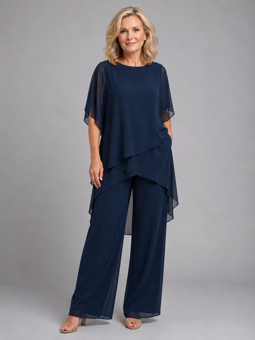 Olive | Women's Chiffon Two-Piece Set, Wide-Leg Trousers Lounge Set | Animated Apparel | Navy