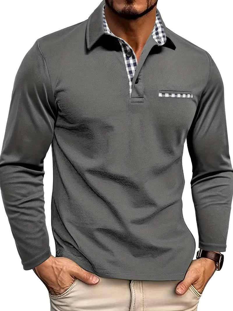 Oliver | Men's Long-Sleeved Polo Shirt, Checked Collar Smart Polo | Animated Apparel | Grey