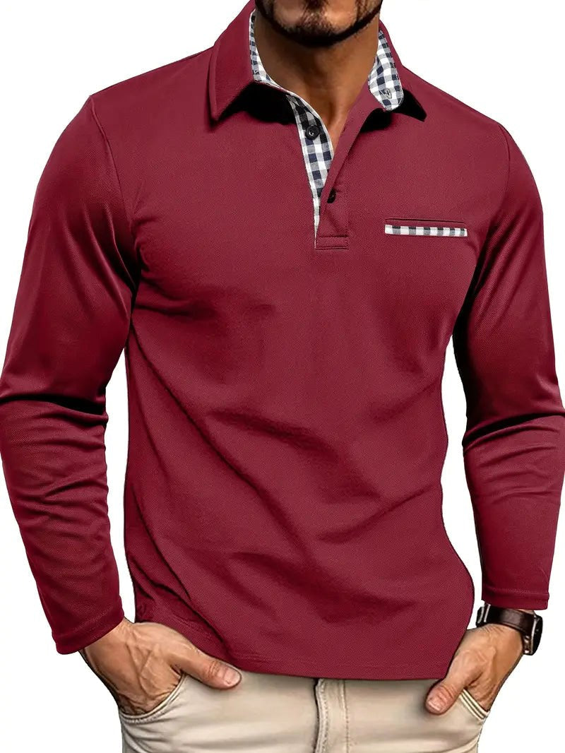 Oliver | Men's Long-Sleeved Polo Shirt, Checked Collar Smart Polo | Animated Apparel | Bordeaux red
