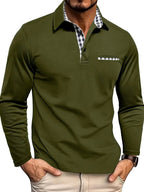 Oliver | Men's Long-Sleeved Polo Shirt, Checked Collar Smart Polo | Animated Apparel | Olive Green