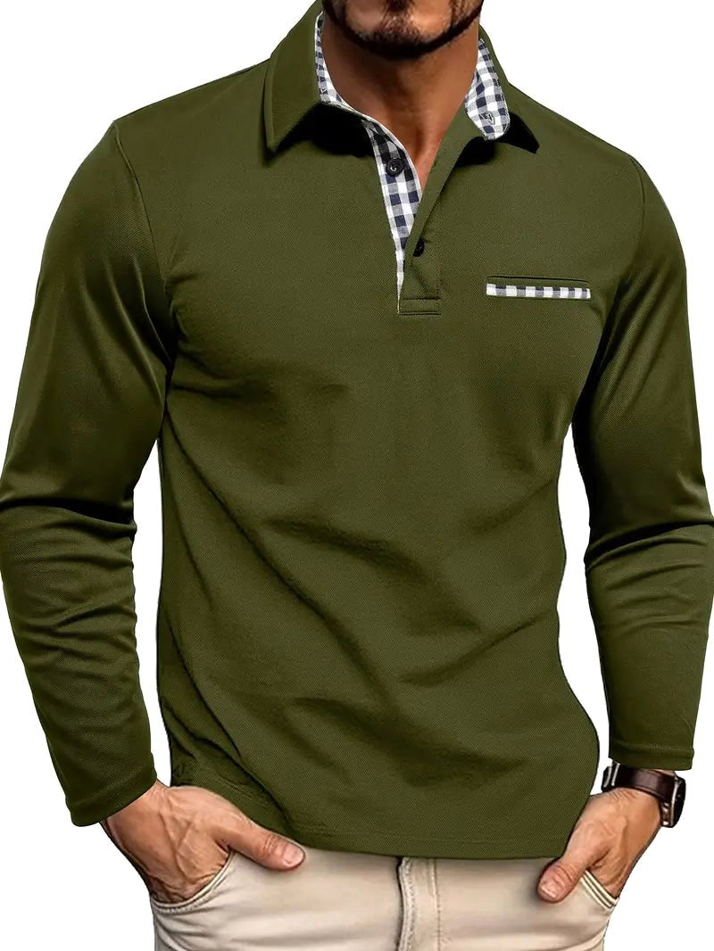 Oliver | Men's Long-Sleeved Polo Shirt, Checked Collar Smart Polo | Animated Apparel | Olive Green