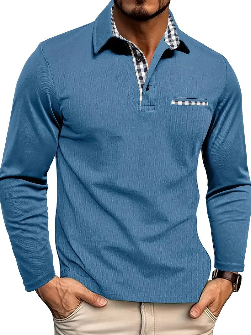Oliver | Men's Long-Sleeved Polo Shirt, Checked Collar Smart Polo | Animated Apparel | Light blue