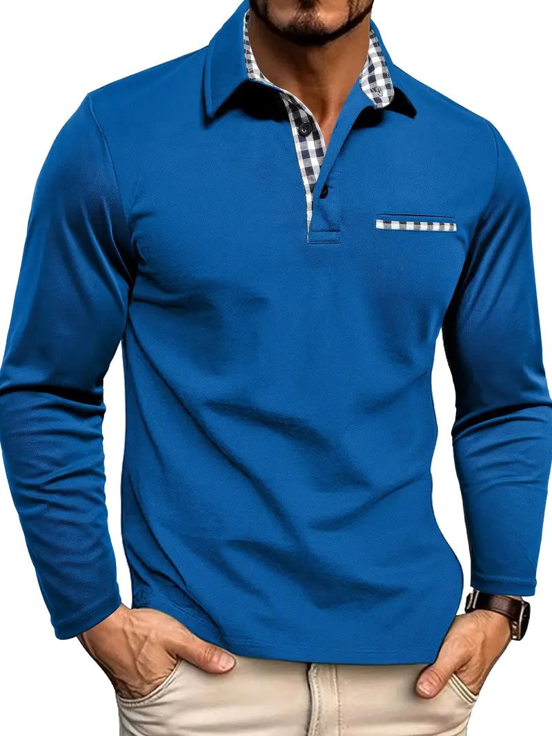 Oliver | Men's Long-Sleeved Polo Shirt, Checked Collar Smart Polo | Animated Apparel | Blue