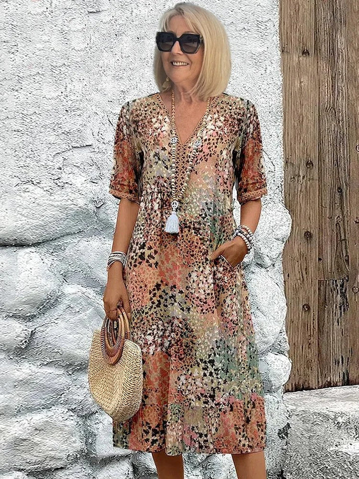 Olivia | Women's Floral Midi Dress with Tummy Coverage - Sandy Beige