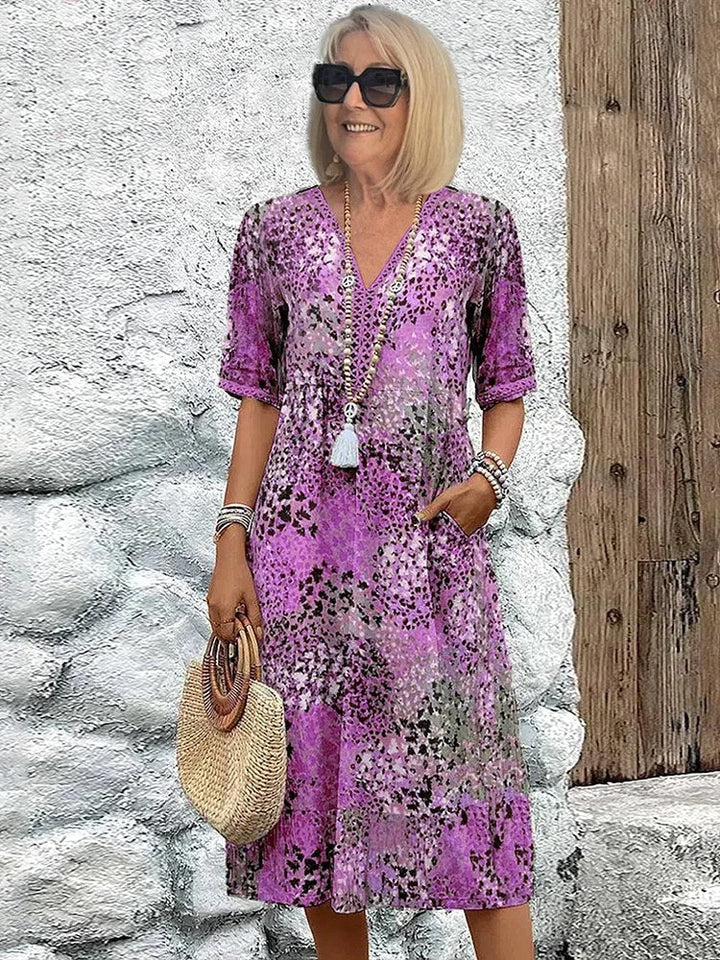 Olivia | Women's Floral Midi Dress with Tummy Coverage - Lavender Purple