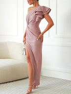 Oliwia | Women's One-Shoulder Evening Dress with Ruffles, Occasion Midi Dress | Animated Apparel