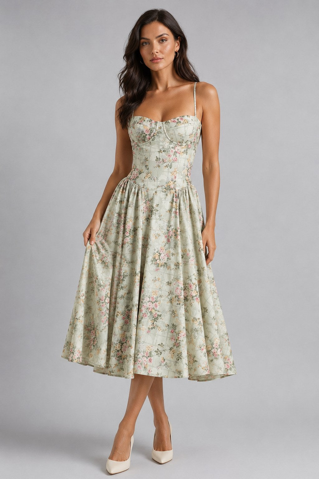 Orla | Women's Floral Corset Midi Dress, Sweetheart Neck Wedding Guest Dress | Animated Apparel | Green