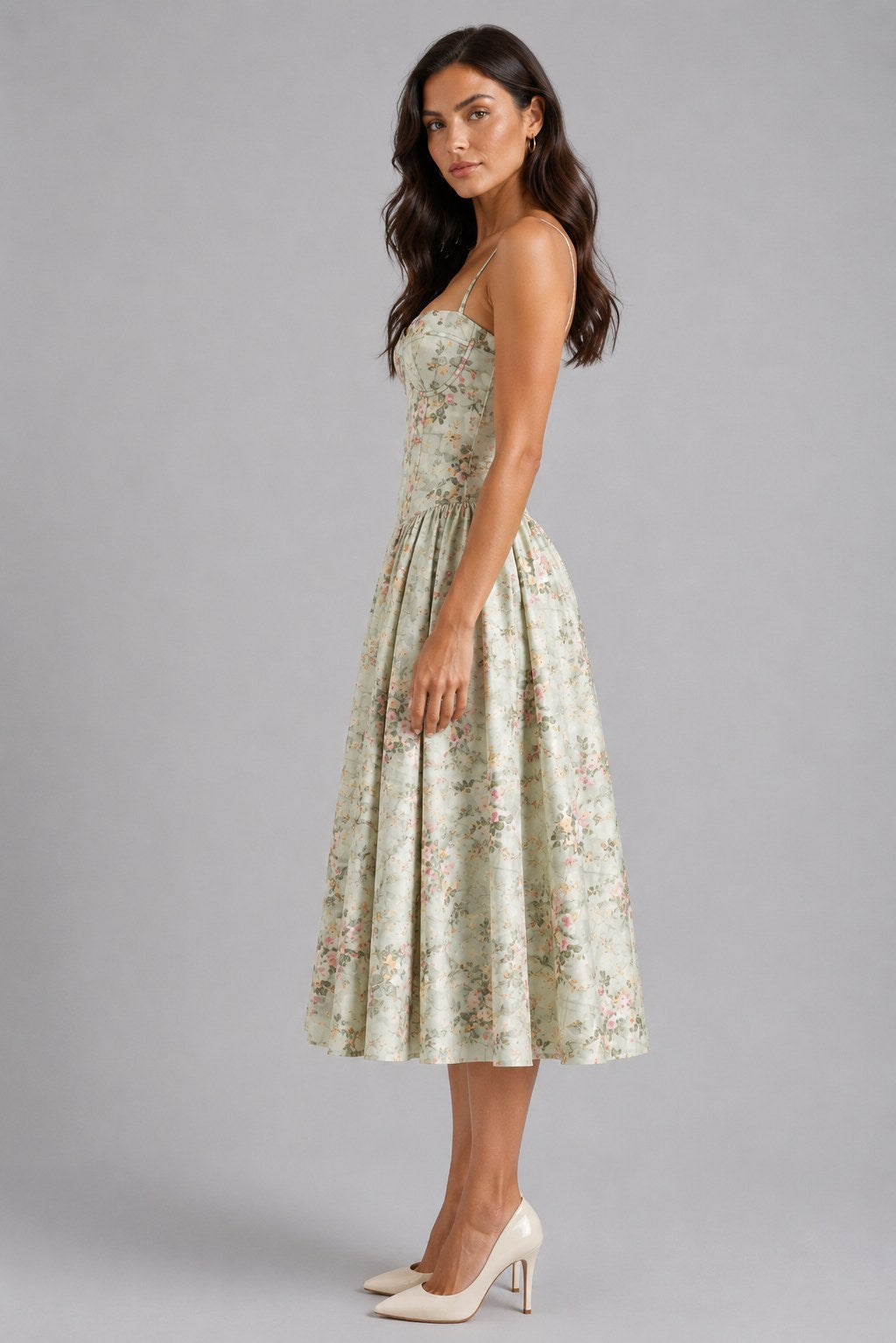 Orla | Women's Floral Corset Midi Dress, Sweetheart Neck Wedding Guest Dress | Animated Apparel | Cream