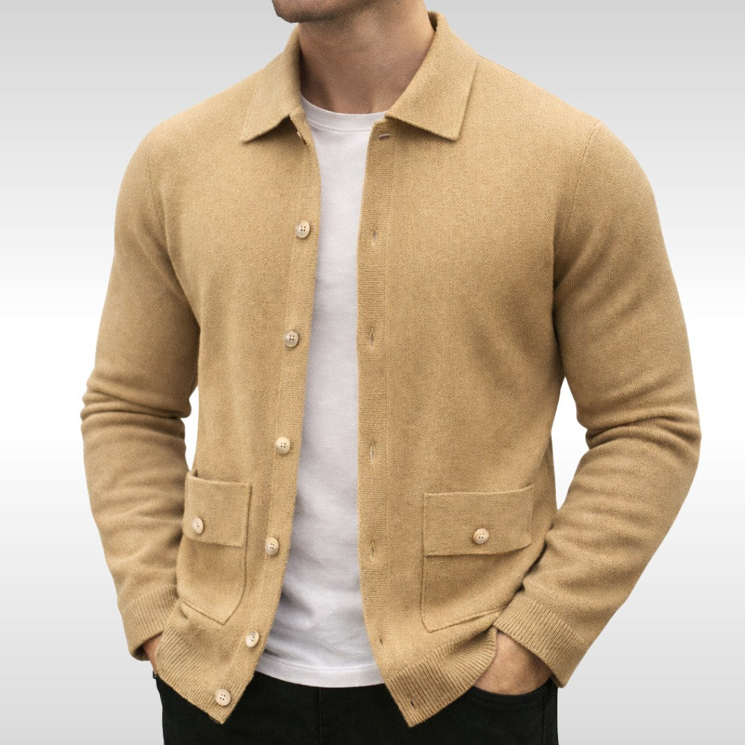 Owen | Men's Knit Cardigan, Finely Textured Layer Cardigan | Animated Apparel | Golden Sand