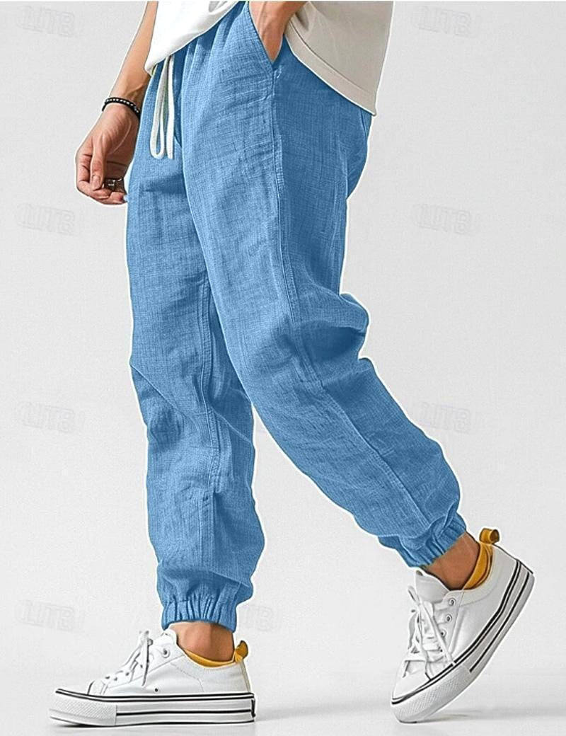 Owen | Men's Linen Relaxed Fit Jogger Trousers, Tapered Ankle Trousers | Animated Apparel | Blue