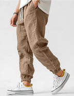 Owen | Men's Linen Relaxed Fit Jogger Trousers, Tapered Ankle Trousers | Animated Apparel | Khaki