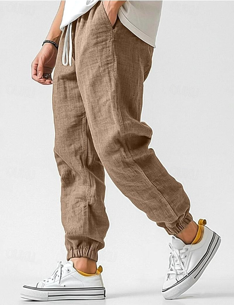 Owen | Men's Linen Relaxed Fit Jogger Trousers, Tapered Ankle Trousers | Animated Apparel | Khaki