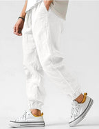 Owen | Men's Linen Relaxed Fit Jogger Trousers, Tapered Ankle Trousers | Animated Apparel | White