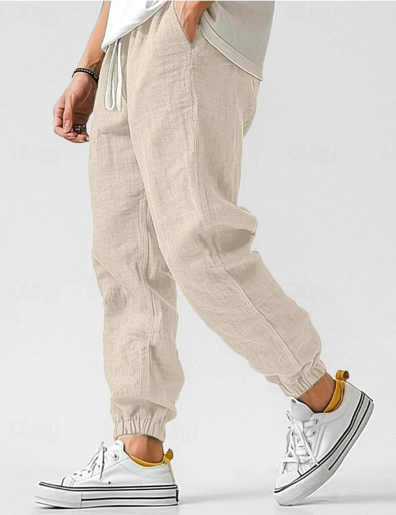 Owen | Men's Linen Relaxed Fit Jogger Trousers, Tapered Ankle Trousers | Animated Apparel | Beige