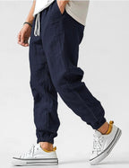 Owen | Men's Linen Relaxed Fit Jogger Trousers, Tapered Ankle Trousers | Animated Apparel | Navy