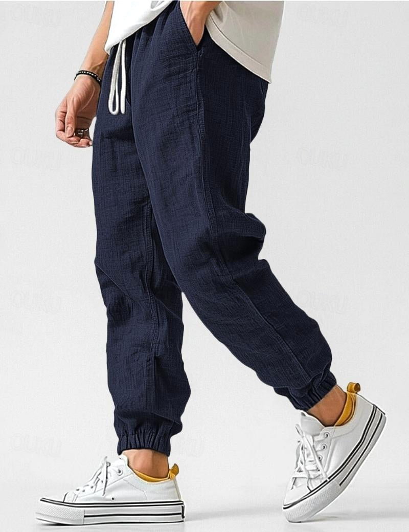 Owen | Men's Linen Relaxed Fit Jogger Trousers, Tapered Ankle Trousers | Animated Apparel | Navy