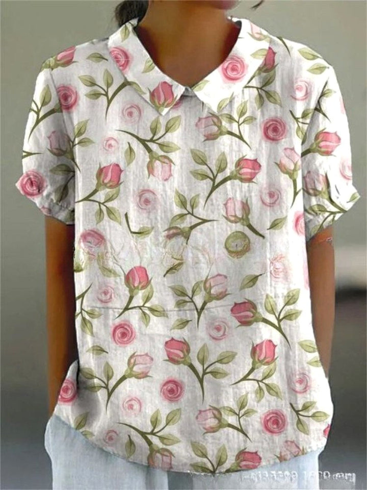 Paige | Women's Floral Print Short Sleeve Shirt - Light pink with floral print
