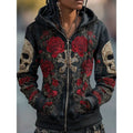 Paige | Women's Skull and Rose Zip-Up Hoodie, Graphic Print Autumn Hoodie | Animated Apparel | Red