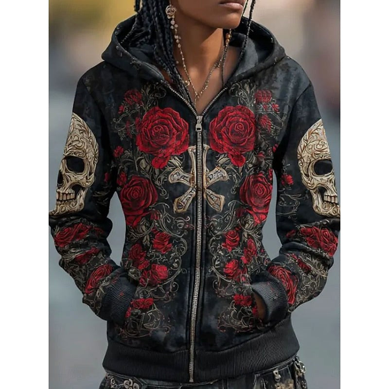 Paige | Women's Skull and Rose Zip-Up Hoodie, Graphic Print Autumn Hoodie | Animated Apparel | Red