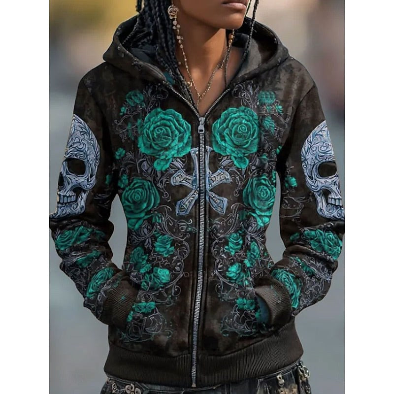 Paige | Women's Skull and Rose Zip-Up Hoodie, Graphic Print Autumn Hoodie | Animated Apparel | Green