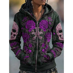 Paige | Women's Skull and Rose Zip-Up Hoodie, Graphic Print Autumn Hoodie | Animated Apparel | Purple