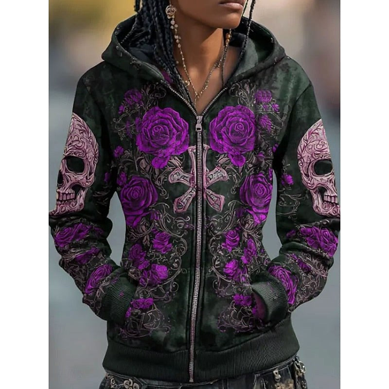 Paige | Women's Skull and Rose Zip-Up Hoodie, Graphic Print Autumn Hoodie | Animated Apparel | Purple