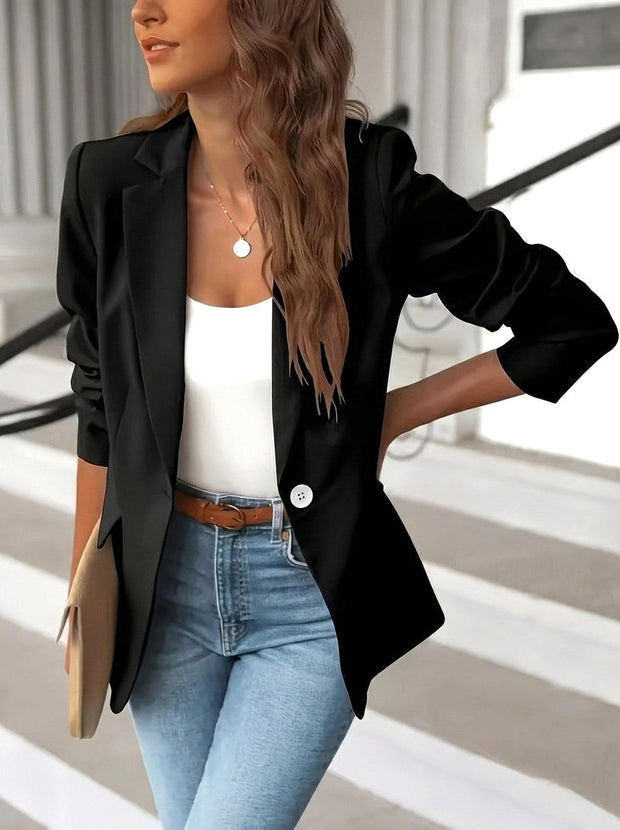 Pauline | Women's Tailored Blazer with Notched Lapel, Single-Button Workwear Blazer | Animated Apparel | Black