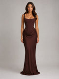 Penelope | Women's Bodycon Draped Corset Maxi Dress, Sculpted Silhouette Evening Dress | Animated Apparel | Brown