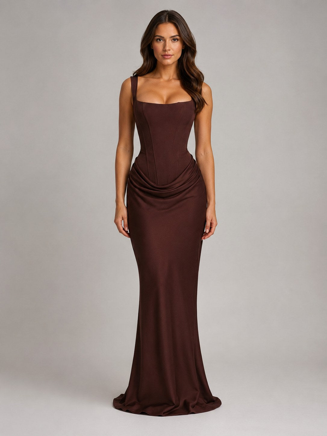 Penelope | Women's Bodycon Draped Corset Maxi Dress, Sculpted Silhouette Evening Dress | Animated Apparel | Brown