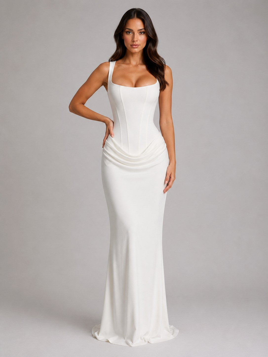 Penelope | Women's Bodycon Draped Corset Maxi Dress, Sculpted Silhouette Evening Dress | Animated Apparel