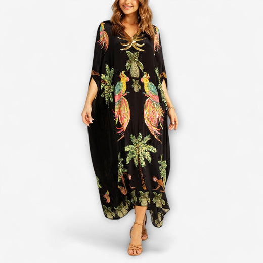 Peyton | Women's Asymmetrical Shoulder Tropical Print Dress - Black