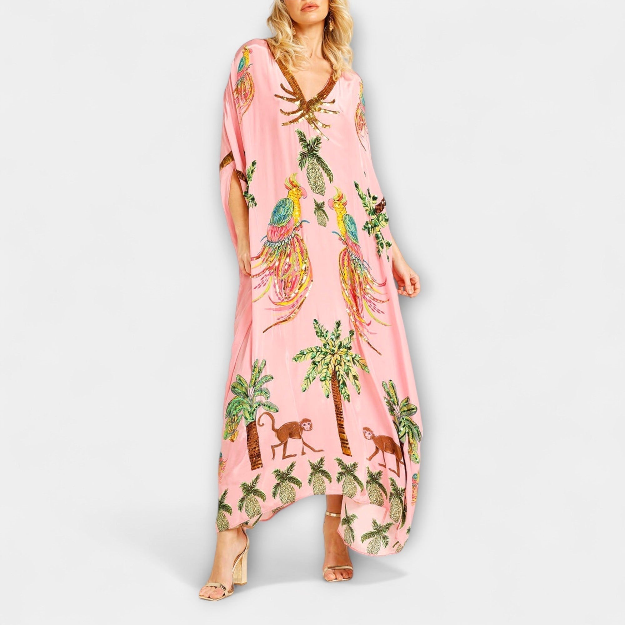 Peyton | Women's Asymmetrical Shoulder Tropical Print Dress - Pink